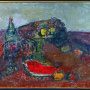 Zlatko Prica <br>Still life with fruit, watermelon and a bottle, EARLY WORK… <br>Oil on canvas, 67 × 101 cm <br>Signed below on the right: Prica
